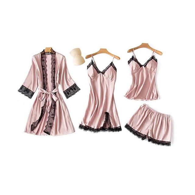SAPJON Women's 4pcs Silk Satin Pajama Set Cami Top Nightgown Lace Sleepwear Robe Sets Sexy Nightdress with Chest Pads