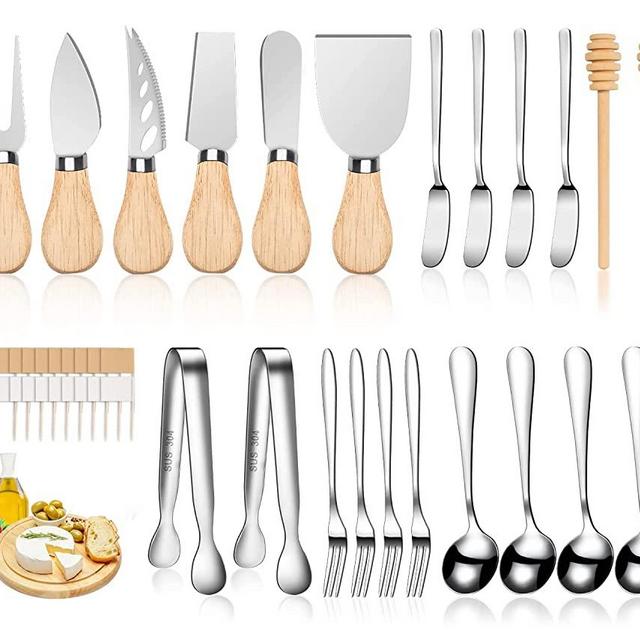 LifeMusican Wooden Cheese Spreader Knive Set,Wood Handle Butter knives For Cheese Charcuterie Board Accessories Kit, Mini Cheese Knife Slicer With Tongs, Spoons, Forks,Honey Dipper (23 Pack)