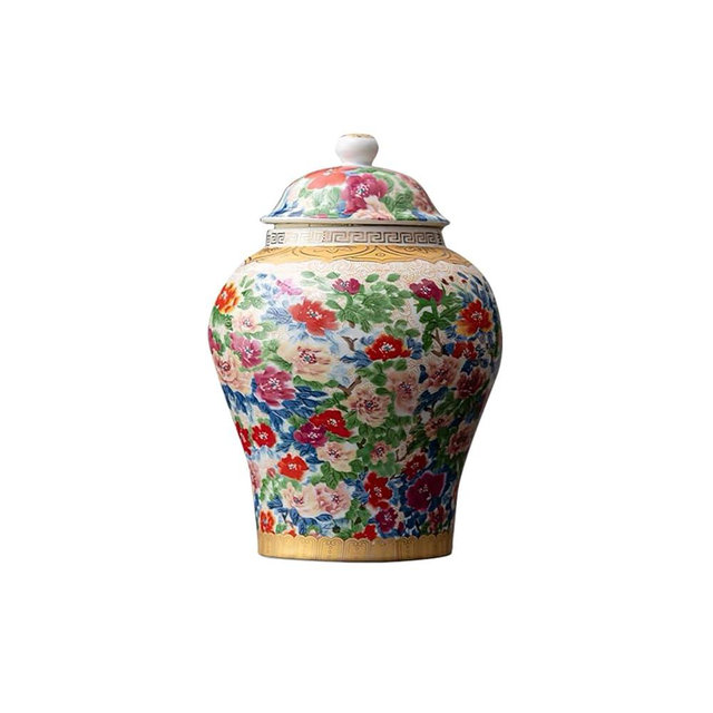 MYMYYT 8 inches flowers Ginger Jar - colored floral pattern Ceramic Decorative with Lid vase， chinoiserie gift Enamel jars for Home/Kitchen/Dining/living room/shelf decor/Tea Storage