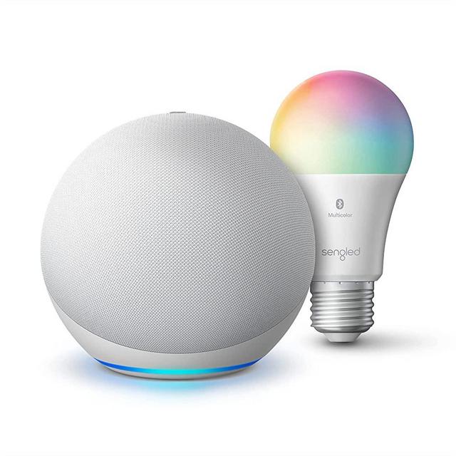 Echo (4th Gen) | With premium sound, smart home hub, and Alexa | Glacier White with Sengled Bluetooth Color bulb