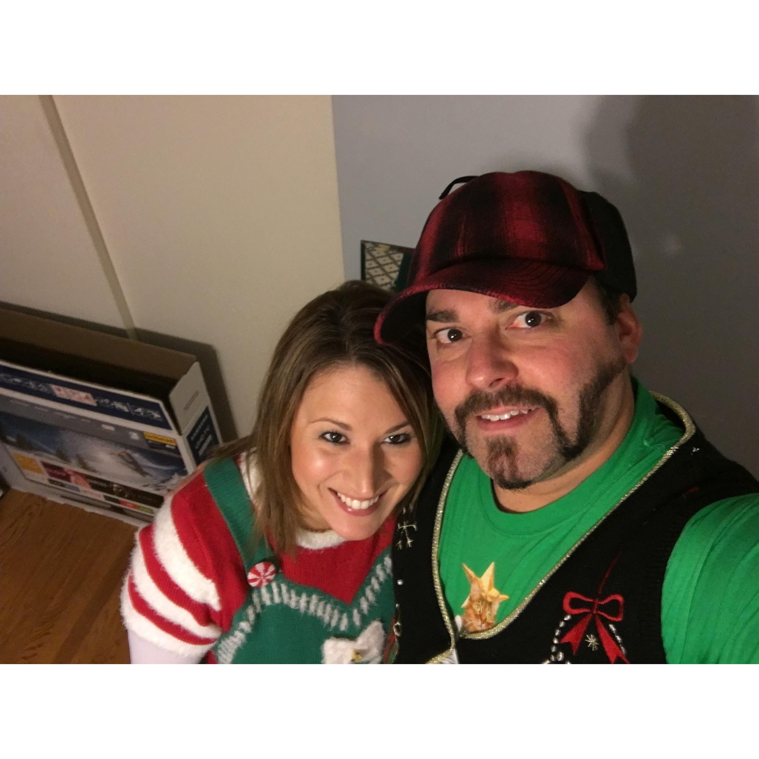On our way to our annual Ugly Christmas Sweater bowling party!  Would you be surprised if we told you that Josh won 1st place?!