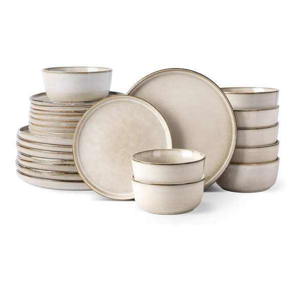 GBHOME Ceramic Dinnerware Sets for 8, 24 Pieces Stoneware Plates and Bowls Sets, Scratch Resistant Dishes, Dishwasher & Microwave Safe, Reactive Glaze-Cappuccino