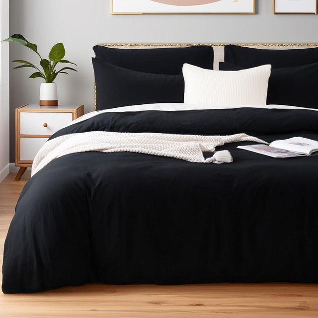 NEXHOME PRO Queen Duvet Cover Set – 100% Certified Organic Cotton with Washed Feel & Linen-Like Texture, Comfortable & Breathable, Home Bedding Set Black (No Comforter)