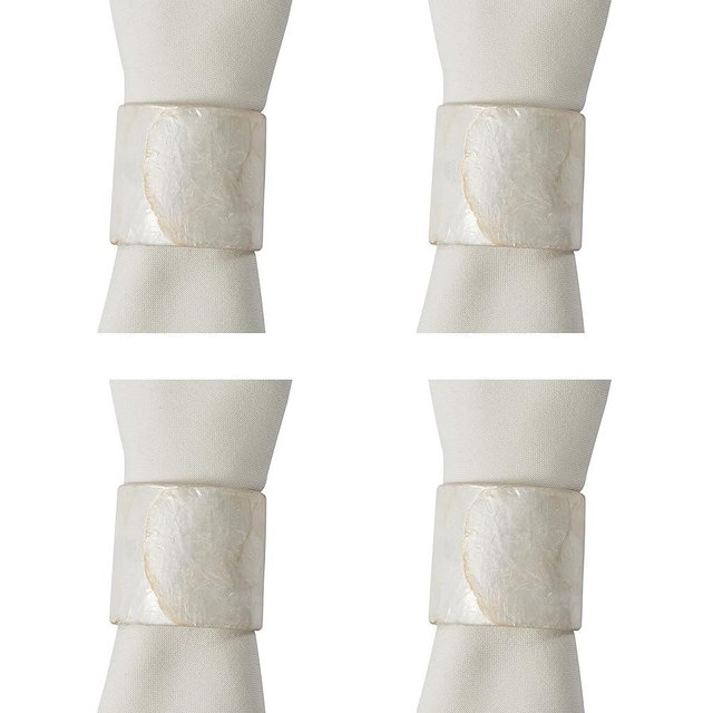 Split P Capiz White Napkin Ring Set of 4 | Natural Seashell Napkin Holders with Polished Finish | Coastal, Nautical & Beach House Table Décor | 1.75" x 1.75"