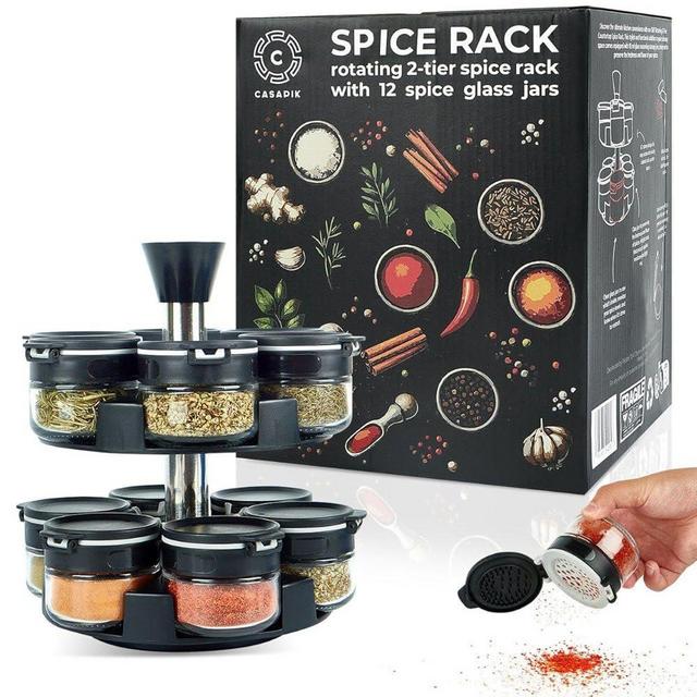CASAPIK Rotating Spice Rack Organizer - 2-Tier Spice Carousel with 12 Empty Glass Jars, Dual-Lid, Preprinted & Blank Labels, Space-Saving Countertop Spice Storage