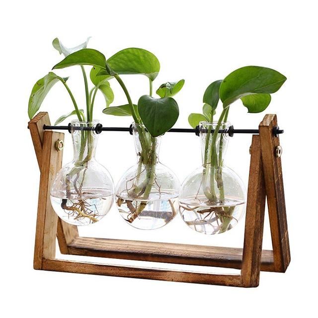 Plant Terrarium with Wooden Stand, Air Planter Bulb Glass Vase Metal Swivel Holder Retro Tabletop for Hydroponics Home Garden Office Decoration - 3 Bulb Vase