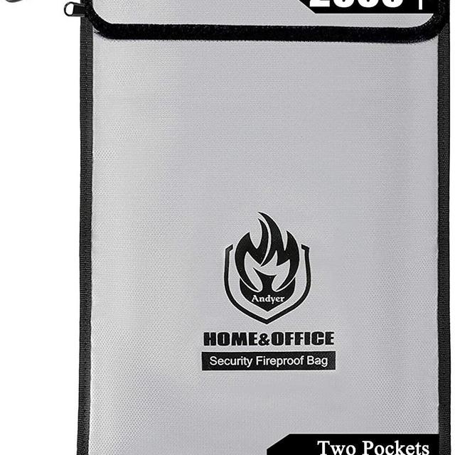 Upgraded Two Pockets Fireproof Document Bags (2000℉), Andyer 15”x 11”Waterproof and Fireproof Money Bag with Zipper, Fire Safe Storage for Valuables,Money,Jewelry,Legal Documents,File and Tablet