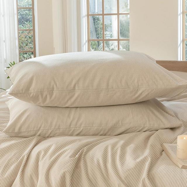 MooMee Bedding Pillowcases Striped Pack of 2 100% Washed Cotton Linen Like Textured Breathable Durable Soft Comfy (Tannish Linen Grey White Pinstripes, Standard)