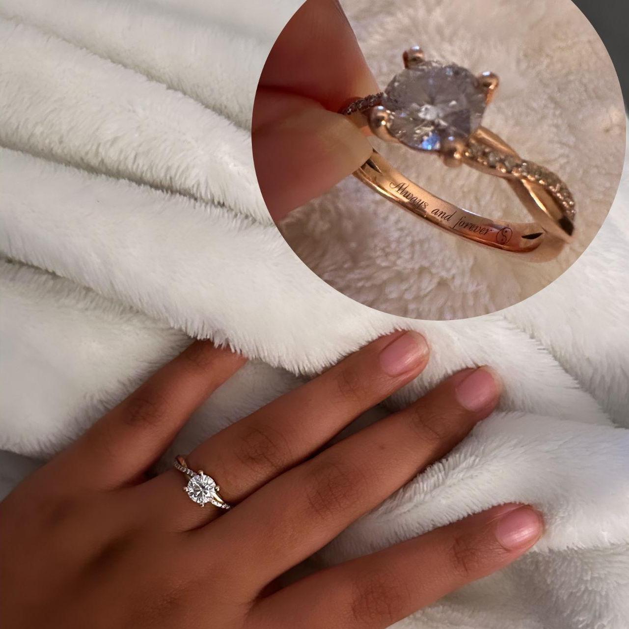 A close up of the gorgeous engagement ring and engraving!