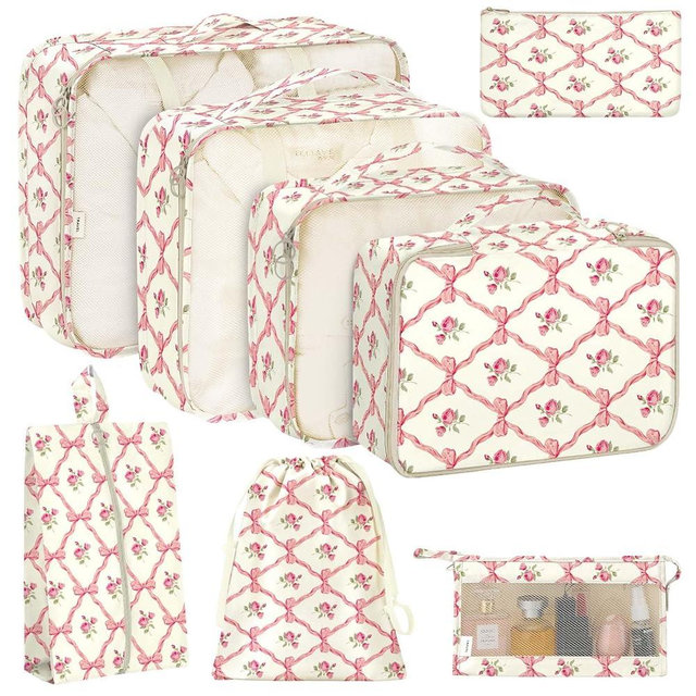 KPX 8 Set Packing Cubes for Travel, Luggage Packing Organizers Accessories Large Toiletries Bag for Clothes Shoes Cosmetics (8Set-Flower & Bow)