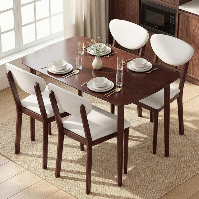 HOMCOM 5-Piece Dining Table Set for 4, Mid-Century Modern Kitchen Table and Chairs with Padded Seats and Backrests, Solid Wood Frame for Small Space, Dining Room, Living Room, Cream White