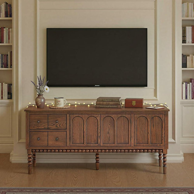 SAND STONE HOME Pembroke 65” Cottage Entertainment Console, TV Stand or Dining Server, Spindle Leg Media Cabinet with Drawers & Shelves, Cable Management, Fits up to 70” TVs | Cocoa Brown