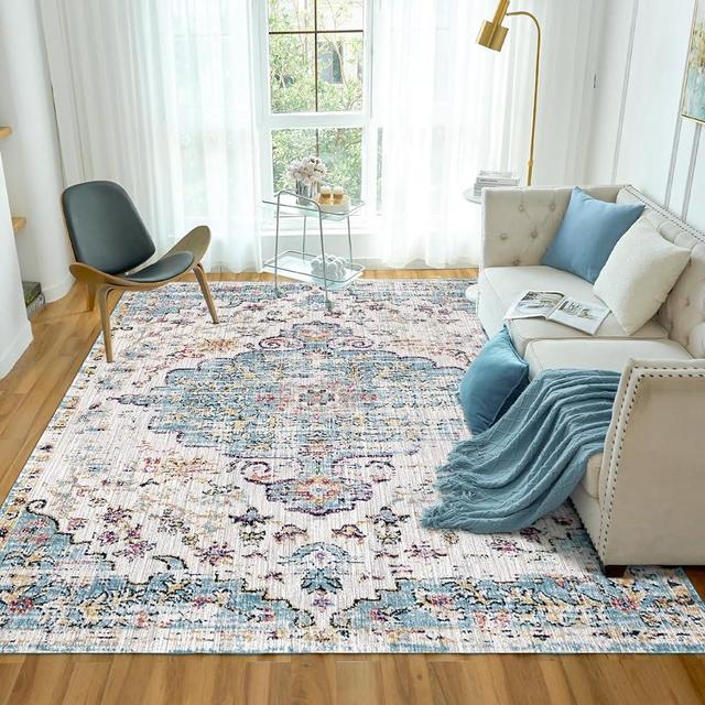 VK VK·LIVING Machine Washable Rug 6'x9' Vintage Design Washable Area Rugs with Non Slip Rugs for Living Room Bedroom Traditional Woven Rug Carpet Stain Resistant Dining Home Office Boho Rug (Cyan)