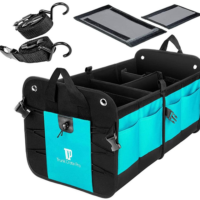 TRUNKCRATEPRO Premium Multi Compartments Collapsible Portable Trunk Organizer for auto, SUV, Truck, Minivan (Black) (Regular, Cyan Green)