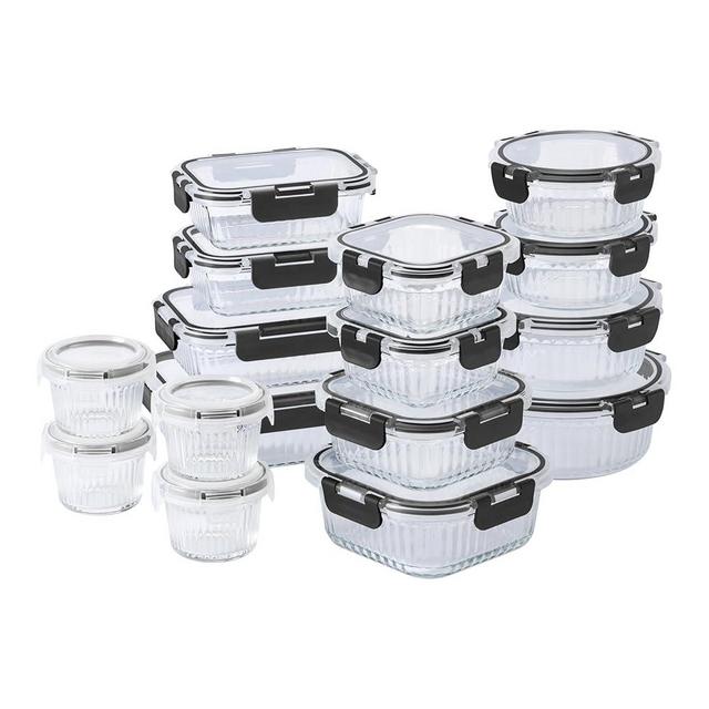 COOK WITH COLOR Premium 32-Pc. Borosilicate Glass Food Container Set with Dividers - 4 Rectangles, 8 Rounds, 4 Squares - Leakproof Lids - Meal Prep, Storage, Fluted Ombre Black