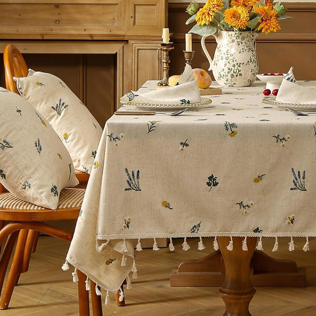 LOHUT Linen Embroidered Tablecloth – Vintage Daisy Design with Tassels, Boho & Modern Rectangular Tablecloth for Dining, Coffee, Round, or Picnic Tables, Home or Commercial Use, 54"X102"