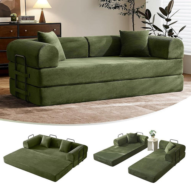 79" Convertible Sofa Bed with Fixed-Shape Frame & Removable Armrests, Modular Corduroy Sleeper Sofa, Folding Mattress Couch for Small Spaces - No Assembly Needed in Green (Includes 2 Pillows)