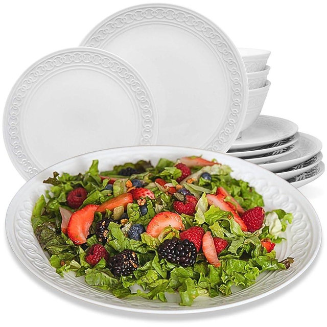 Annovero Plates and Bowls Sets - Dishes Set for 4 - Microwave Safe - 12 Piece Porcelain Dinnerware for Kitchen - Includes 4 Dinner Plates, 4 Appetizer Plates & 4 Cereal Bowls - Zero Lead & Cadmium