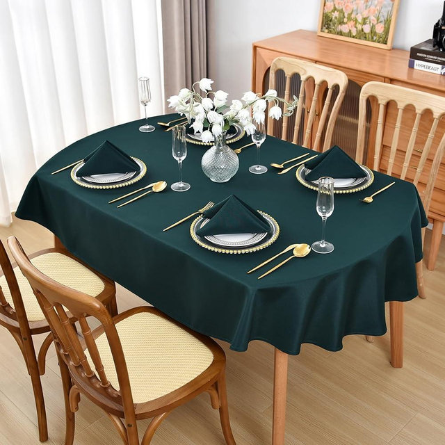 Viiamacki Dark Green Oval Tablecloth, 60 x 84 Inch, Stain and Wrinkle Resistant Machine Washable Polyester Table Cloth, Fabric Table Cover for Dining Buffet Party and Outdoor Use