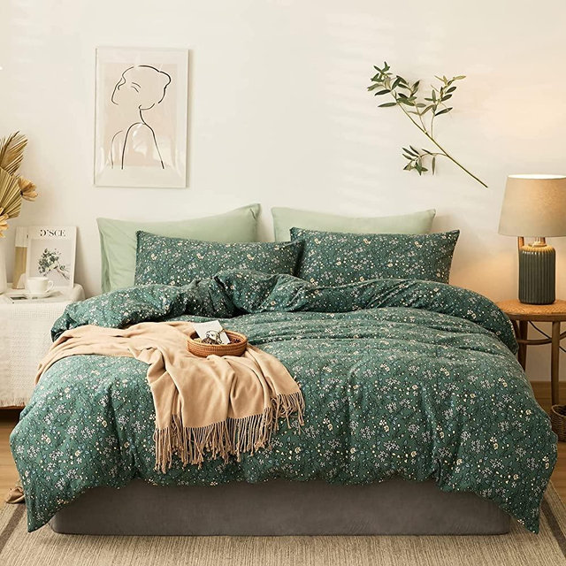 VM VOUGEMARKET Green Flower Duvet Cover Sets Queen Size,Jersey Cotton Bedding Set (1 Duvet Cover + 2 Pillow Shams) Chic Garden Style Girls Comforter Cover with Zipper Closure