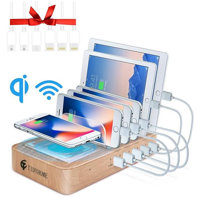 Fast Charging Station for Multiple Devices - Family Charge Docking Station&Organizer - 5 USB Port and 1 Qi Wireless Charging Pad - Compatible with iPhone iPad and Android Phone and Tablet