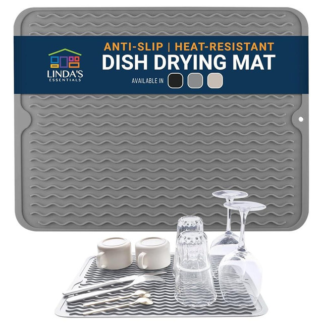Silicone Dish Drying Mat for Kitchen Counter - Multi-Use 18 x 16 Inch Pad, Non-Slip & Heat-Resistant, Perfect Dish Drainer Mat by Linda’s Essentials, Ideal Kitchen Accessory (Gray)