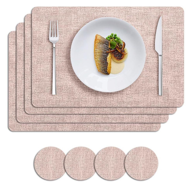 MOSAYT Faux Leather Placemats Set of 6, Heat Resistant Vinyl Place Mats with Coasters, Wipeable Washable Waterproof Oil Proof Table Mats for Kitchen Dining Indoor Outdoor, 12" x 18", Pink