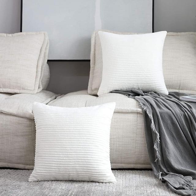 Home Brilliant Set of 2 Decorative Pillow Cover Solid Striped Corduroy Plush Velvet Cushion Cover for Couch, Creamy White, 20x20 inch (50cm)