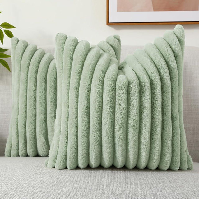 decorUhome Faux Fur Spring Throw Pillow Covers 18x18 Set of 2, Decorative Soft Plush Striped Couch Pillow Covers with Velvet Back for Sofa, Bed, Living Room, Sage Green
