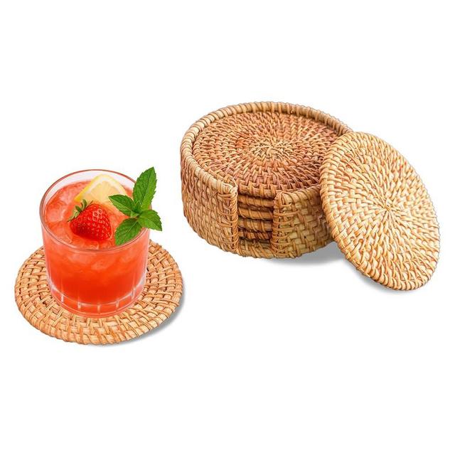LAHIENCRAFT Set of 6PCS Handmade Rattan Coasters with Holder, Natural Wicker Boho Coasters, Heat-Resistant for Hot & Cold Drinks