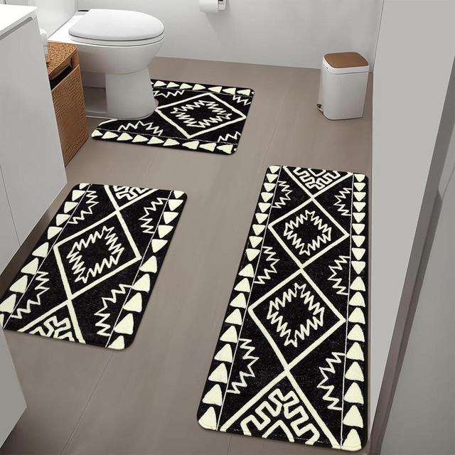 Uphome Boho 3 Piece Bathroom Rug Set Black Soft Non-Slip Bathroom Runner with U-Shaped Contour Toilet Mat Machine Washable Western Geometric Bathroom Mats for Bathroom Tub, Shower