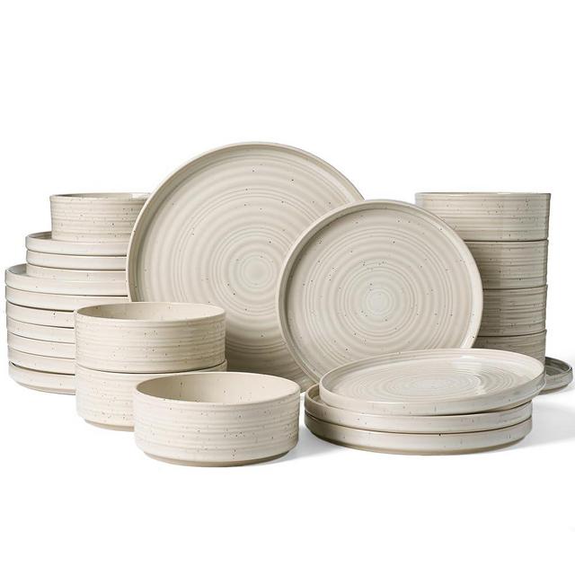 Famiware Premium Stoneware Dinnerware Sets, Dish Set for 8, 24 Pieces Spiral Dishware Set with Straight Rim, Speckles & Reactive Glaze - Microwave and Dishwasher Safe Tableware, Shell Beige