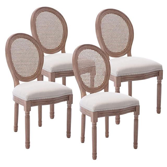 Kiztir French Country Dining Chairs Set of 4, Farmhouse Dining Chairs with Round Backrest, Upholstered Rattan Dining Chair with Solid Wood Leg for Dining Room Bedroom Kitchen Restaurant