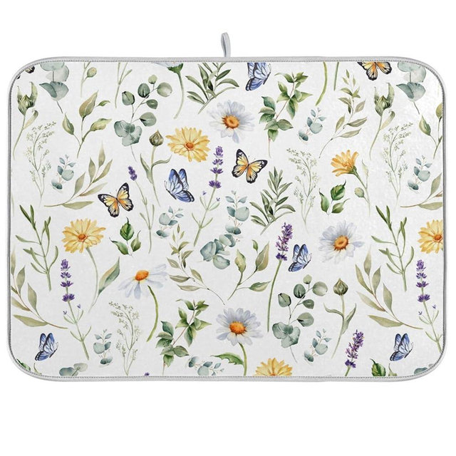 Wildflowers Butterflies Botanical Leaves Dish Drying Mat for Kitchen Counter Absorbent Microfiber Drying Pad, Medium 16x18 in, Reversible Drainer Mats