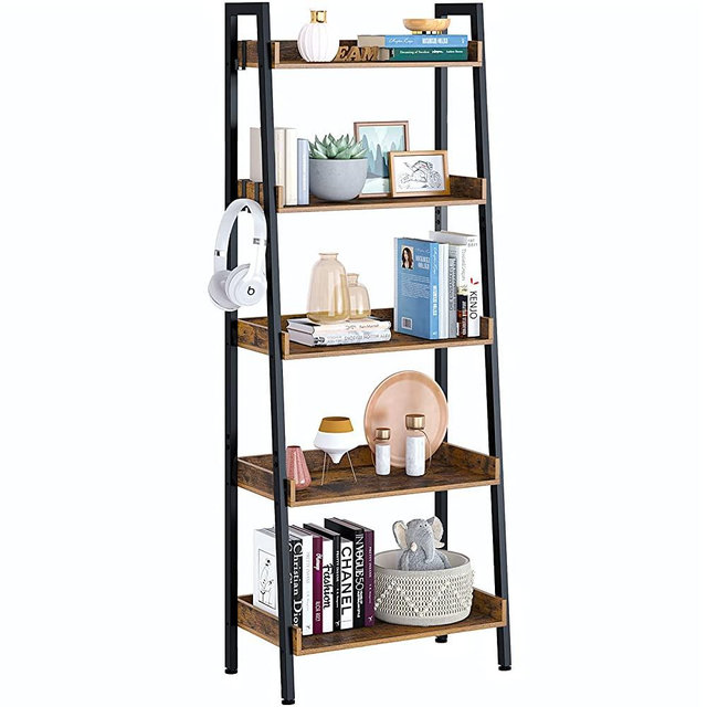 Rolanstar Ladder Shelf with 3 Hooks, 5 Tier Bookshelf, Industrial Bookcases, Freestanding Display Plant Shelves with Metal Frame for Living Room, Home Office, Rustic Brown