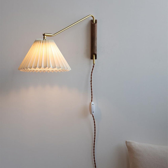 SWEMOPP Swing Arm Plug in Wall Reading Lights for Bedroom Wood Farmhouse Wall Sconce with Pleated Fabric Shade Adjustable Long Arm Nordic Modern Wall Mounted Lamp for Bedroom Bedside Living Room