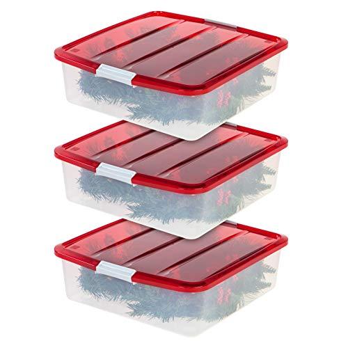 IRIS USA, Inc. BCB-SQ Wreath Storage Box, 3 Pack, Clear/Red