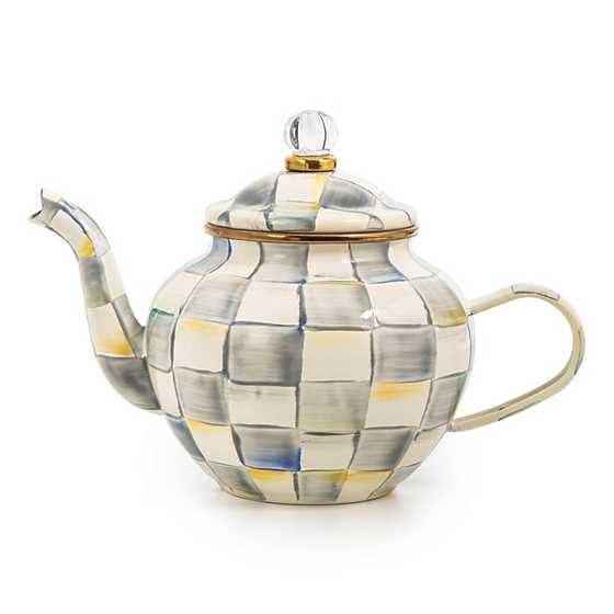 MACKENZIE-CHILDS Enamel Teapot, Cute Small Teapot with Lid, 4-Cup Capacity, Gray-and-White Sterling Check
