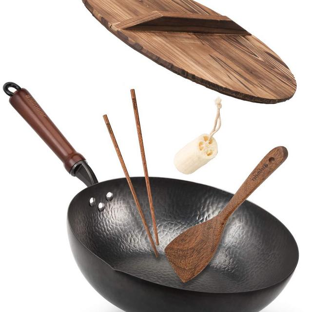 Bielmeier Wok Pan 12.5", Woks and Stir Fry Pans with lid, Carbon Steel Wok with Cookware Accessories, Wok with Lid Suits for all Stoves(Flat Bottom Wok)