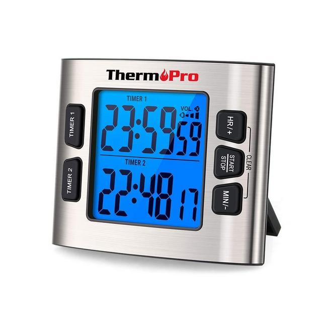 ThermoPro TM02 Digital Kitchen Timer with Dual Countdown Stop Watches Timer/Magnetic Timer Clock with Adjustable Loud Alarm and Backlight LCD Big Digits/ 24 Hour Digital Timer for Kids Teachers