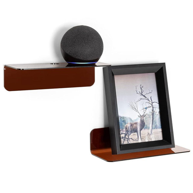 OAprire Acrylic Floating Shelves Set of 2 - Expand Wall Space - 9 Inch Small Adhesive Shelf for Bedroom, Bathroom, Kitchen, Living Room, Office with Cable Clips (Brown)