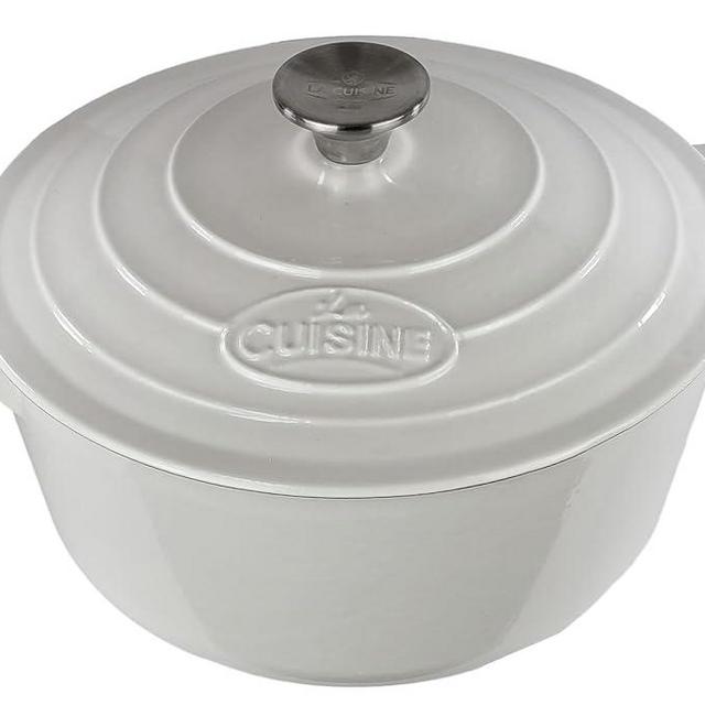 La Cuisine Enameled Cast Iron Dutch Oven Casserole Dish Pot with Lid 5 QT 10.3 Inches Dia. Cream White Enamel Coating Interior, Ivory Exterior, Oven Safe