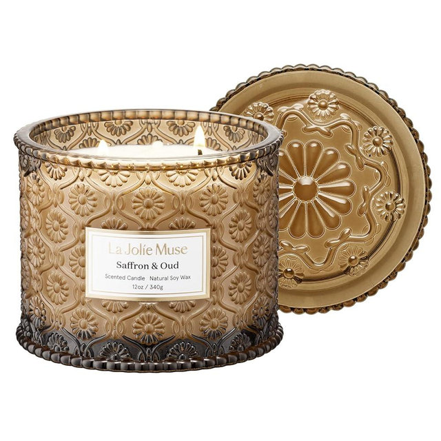 LA JOLIE MUSE Saffron & Oud Scented Candle, Candles for Home Scented, Large 2-Wick Soy Candles, Candle Gifts for Women & Men, Luxury Jar Candles, 60 Hours Long Burning, 12oz