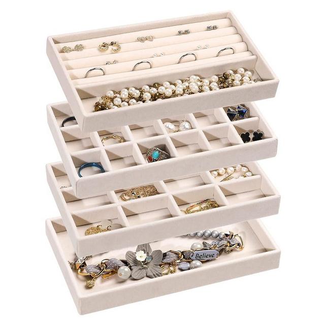 Frebeauty Jewelry Organizer Tray,Stackable Velvet Jewelry Trays,Drawer Inserts Earring Organizer For Women Girls Jewelry Storage Display Case for Rings Stud Necklaces,Set of 4(Beige)