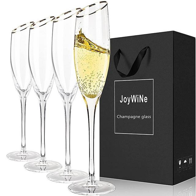 Gold Rimmed Hand-Blown Champagne Flutes Glass,No-Lead Crystal Tall Long Stem Champagne Glasses Set of 4,Mimosa Glasses Sparkling Wine Glassware Gift for Wedding,Women,or Men-5.4 oz,Clear