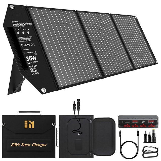 Mesuvida 30W Portable Solar Charger, Foldable Solar Panel Charger with 18V MC4 Port, DC(12V) / 2*USB-A(QC3.0) / USB-C(PD18W) for Phone Generator Camping Travel