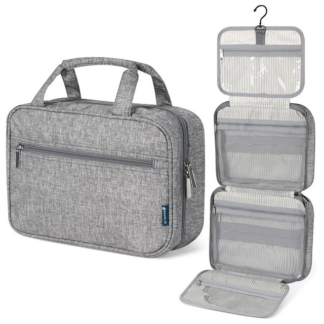 PAVILIA Hanging Toiletry Bag Travel Bag Women Men, Foldable Cosmetic Organizer, Roll up Makeup Bag, Water Resistant Accessories Toiletries, Large Travel Essentials Kit (Heather Grey)