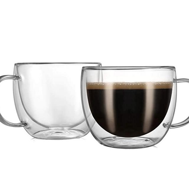 CnGlass Cappuccino Glass Mugs 8.1oz,Clear Coffee Mug Set of 2 Espresso Mug Cups,Double Wall Insulated Glass Mug with Handles(Latte Glasses,Tea)