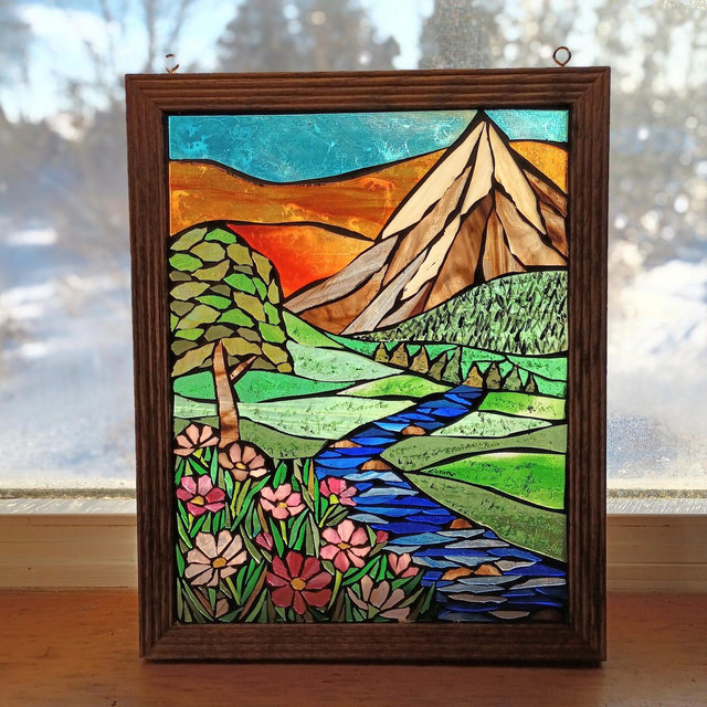 Stained Glass Mountain Meadow Sunrise, Mosaic Panel for Hanging in a Window, Landscape with Evergreens, Cosmos Flowers, and a Winding Stream