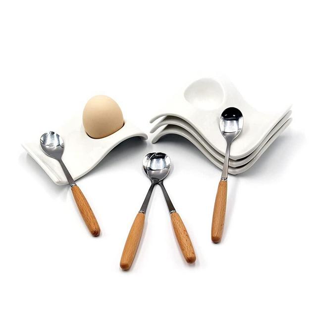 JAMOR White Porcelain Egg Tray,Wave-Shaped Ceramic Egg Cup Plate,Boiled Egg Cup Holder,For Hard And Soft Boiled Eggs,Ceramic Egg Holder For Breakfast,Brunch,Kitchenware,Home Kitchen Decoration (4)